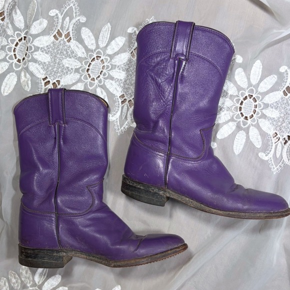 Justin Shoes - Justin Vintage Purple Leather Roper Cowboy Boots Womens 6 B L3732 USA Made